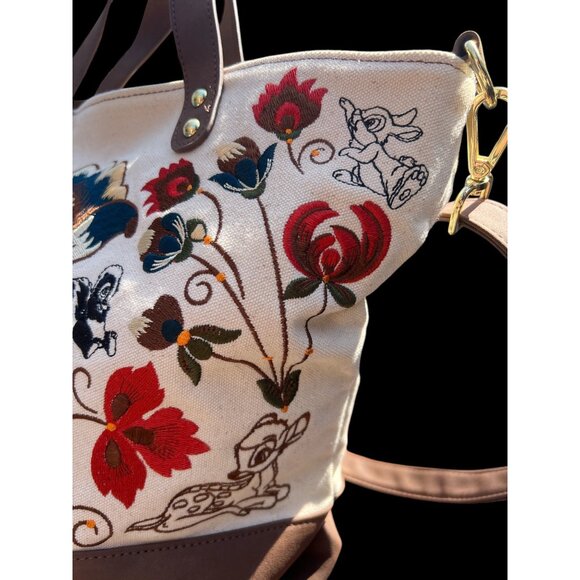 Disney Boutique Canvas & Faux Leather Embroidered Floral Tote Bag With Thumper & - Picture 2 of 10